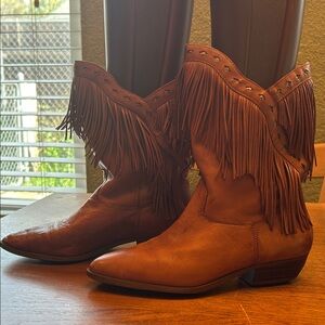 Fringe Leather Ankle Booties - Brown